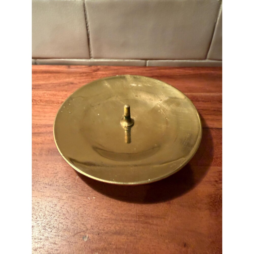 Vintage Spiked Brass Candle Holder Plate, 4.5" Round Mid Century Pillar Coaster